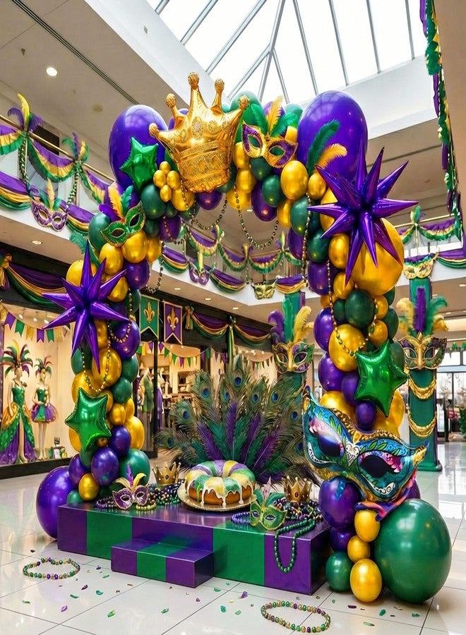 kozee Mardi Gras Balloon Garland Arch Kit 110pcs Dark Purple Green Pearl Gold with Mylar Star Crown Large Mask Balloons for Fat Tuesday Mardi Gras Birthday Masquerade Theme Party Decoration (Purple Green) - Image 1